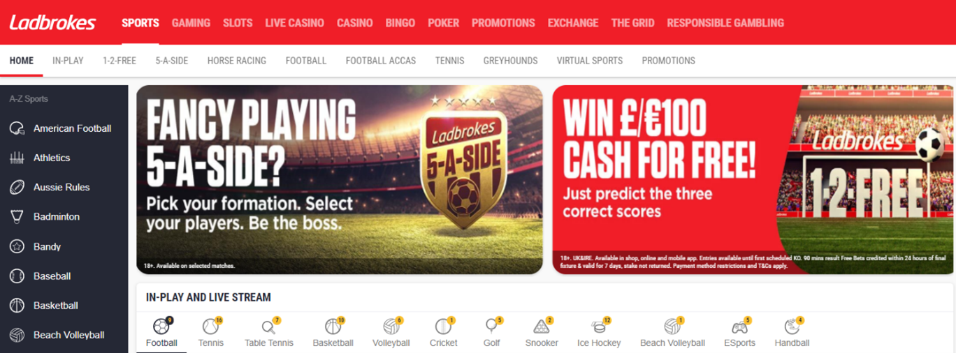 Screenshot of Ladbrokes Homepage with focus on Markets