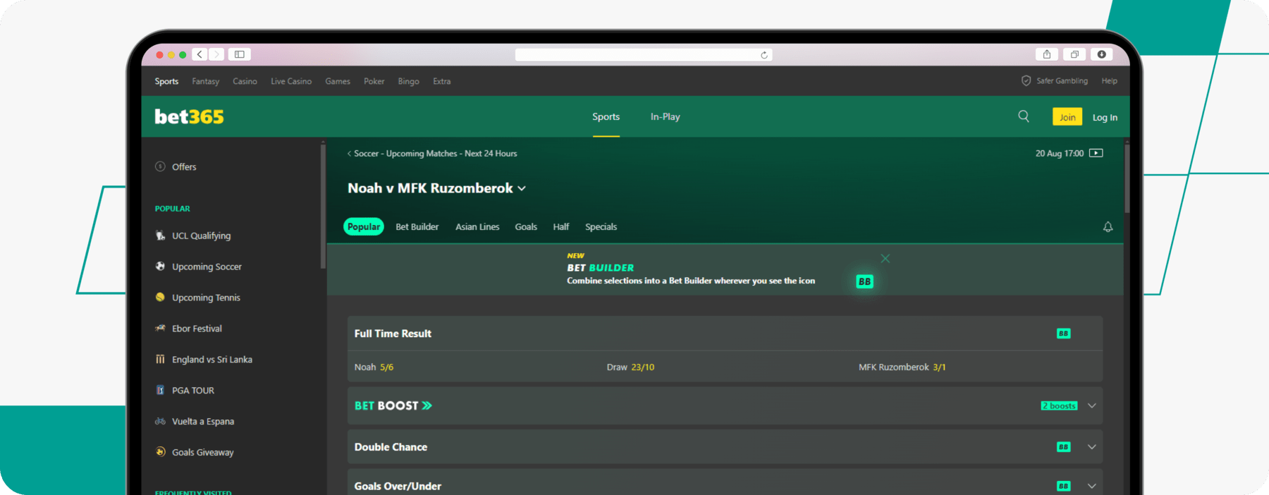 screenshot showing bet365 full time result odds