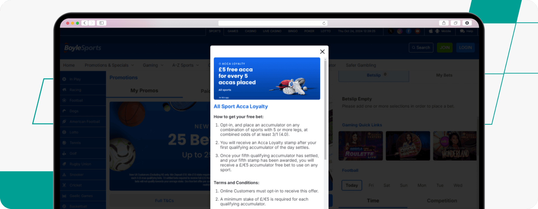 screenshot of boylesports acca loyalty offer