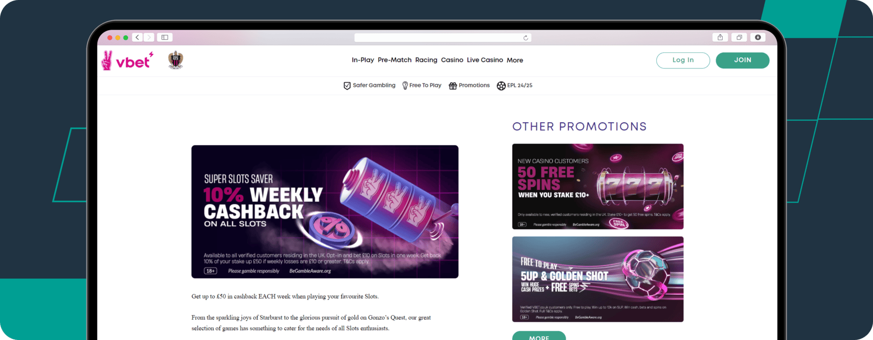 screenshot of vbet weekly cashback offer